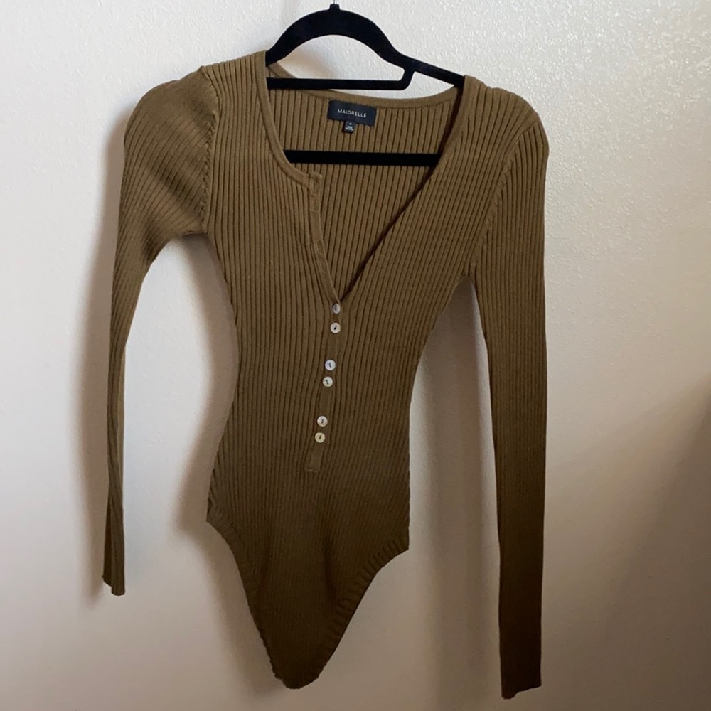 MAJORELLE Ribbed Long Sleeve Olive Green Henley Bodysuit
